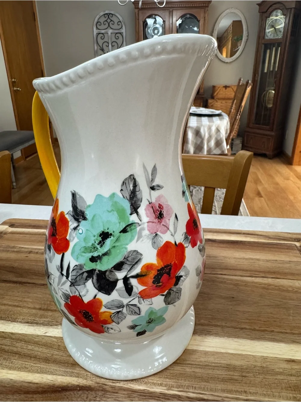 The Pioneer Woman Ceramic Floral Pitcher in Yellow, Red-Orange, and Mint